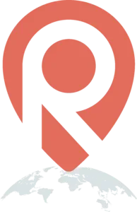 The letter R inside a pinpoint, pointing to the globe.