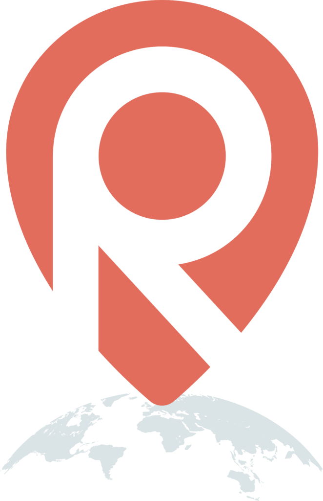 The letter R inside a pinpoint, pointing to the globe.