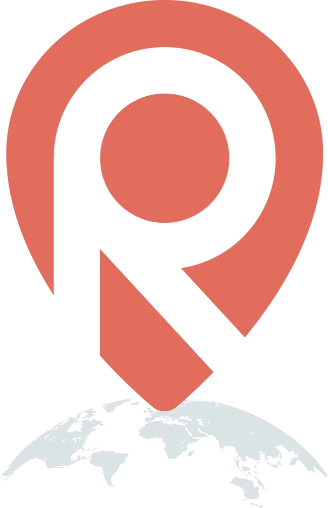 The letter R inside a pinpoint, pointing to the globe.